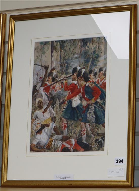 Circle of Simkin, five watercolours, Scottish Regiments in action, largest 34 x 24cm